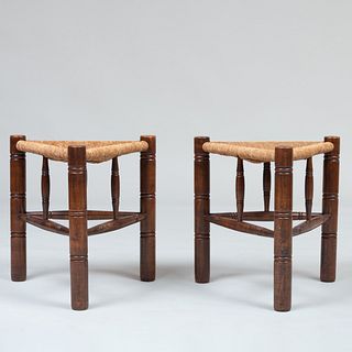 Pair of Pilgrim Style Three-Legged Maple Stools, Stamped Wallace Nutting