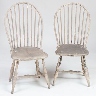 Pair of Grey Painted Bow-Back Windsor Side Chairs