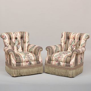Pair of Cotton Tufted Upholstered Club Chairs with Fringe