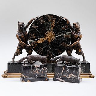 American Three-Piece Marble and Bronze Clock Garniture