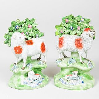 Pair of Staffordshire Walton Bocage Groups with Sheep