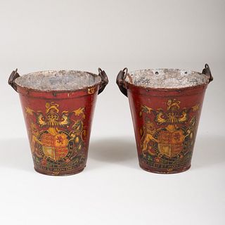 Pair of English Red and Polychrome Decorated Armorial TÃ´le Fire Buckets with Leather Handles
