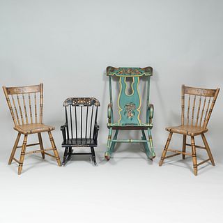 Two Painted and Stenciled Rocking Chairs and a Pair of Painted Side Chairs
