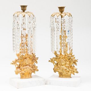 Pair of American Gilt-Metal Glass Luster Candlesticks on Marble Bases