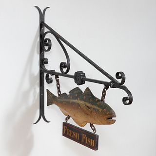 Wrought Iron and Polychromed Wood 'Fresh Fish' Trade Sign
