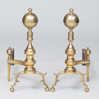 Pair of Federal Style Brass Left and Right Ball Top Andirons On Spurred Legs Ending in Ball Feet