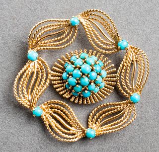 Vintage 14K Yellow Gold & Turquoise Pin / Brooch