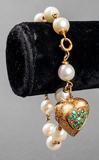 18K Gold Turquoise Heart Locket Pearl Bracelet