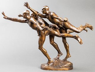 After Alfred Boucher "Au But" Bronze Figural Group