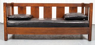 Stickley Oak And Black Leather Sofa