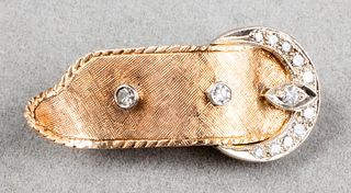 Vintage 14K White & Yellow Gold Diamond Buckle Pin