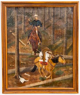 American Western Folk Art Hunting Scene Oil