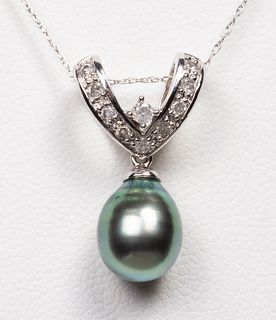 14K Tahitian Pearl & Diamond Pendant Necklace