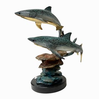 Double Shark Bronze Sculpture on Black Marble Base