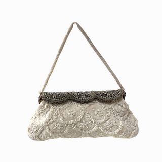 Vintage Micro Beaded Purse in Creme with Crystals