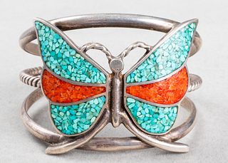 Zuni Silver, Turquoise & Coral Butterfly Bracelet