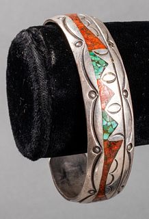 Navajo Silver, Turquoise & Coral Inlay Bracelet