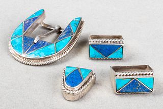 Navajo Silver Turquoise & Lapis Belt Buckle 4 Pcs.