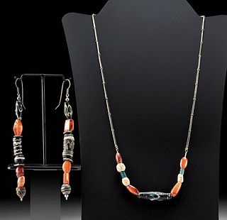 Phoenician Glass & Carnelian Bead Necklace & Earrings