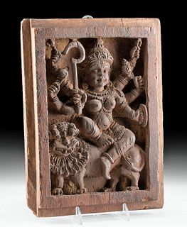 19th C. Indian Wood Panel Goddess Durga w/ Lion