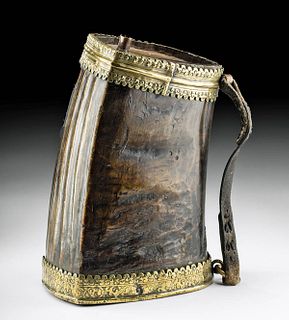 Rare Early 20th C. Tibetan Ram Horn & Brass Beer Vessel