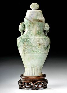 Chinese Qing Jade Lidded Vase on Carved Wood Stand