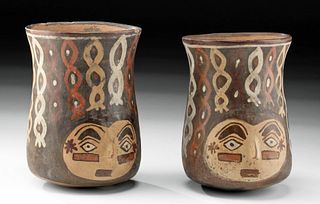 Matched Pair of Nazca Polychrome Keros w/ Trophy Heads