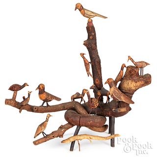 Folk art carved root bird tree, early/mid 20th c.