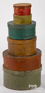Six painted bentwood pantry boxes, 19th c.