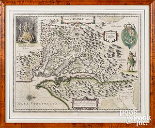 Henricus Hondius color engraved map of Virginia