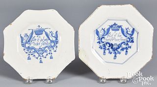 Two English delft Merry Man octagonal plates