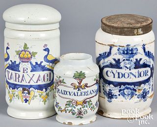 Three Delft apothecary jars, 18th c.