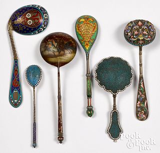 Six Russian silver enamel spoons