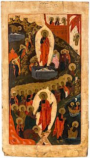 A MONUMENTAL RUSSIAN ICON OF THE RESURRECTION AND THE HARROWING OF HELL, NORTHERN SCHOOL, PROBABLY 17TH CENTURY