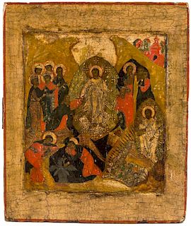 A RUSSIAN ICON OF THE RESURRECTION AND THE HARROWING OF HELL, STROGANOV SCHOOL, 17TH CENTURY