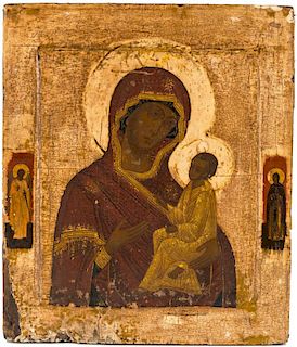 A RUSSIAN ICON OF THE TIKHVINSKAYA MOTHER OF GOD, OLD BELIEVERS, PROBABLY 19TH CENTURY IN THE STYLE OF 17TH CENTURY