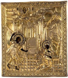 A RUSSIAN ICON OF THE ANNUNCIATION IN A GILT SILVER OKLAD, MOSCOW, CIRCA 1822