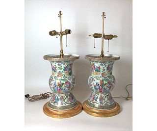 Pair of Mid-19th Century Gu Shape Chinese Export Porcelain Lamps