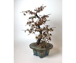 Chinese Agate and Jade Bonsai Tree in Cloisonne Pot