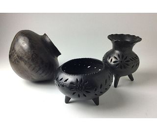 Lot 3 pc. Black Clay Pottery Signed