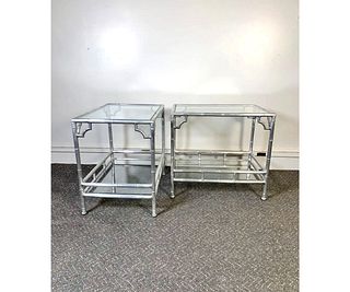 Pair of Mid Century 1960s Aluminum Faux Bamboo Side Tables with Glass Shelves