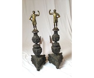 Pair Antique Figurative Bronze Andirons