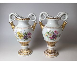 19th c. Meissen Snake Handle Hand Painted Urns Pair