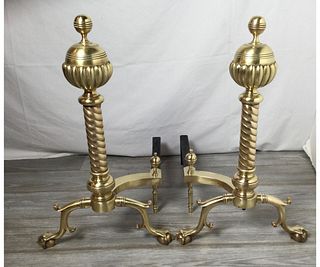 Pair of Solid Brass Fireplace Andirons, Mid-20th Century