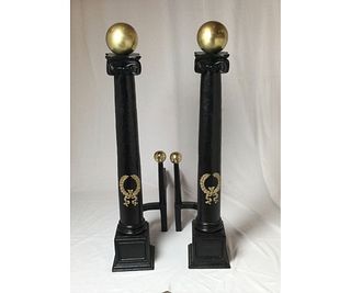 Circa 1900 Monumental Column Andirons With Large Brass Ball And Wreath Mounts