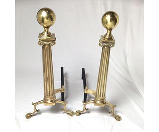 Pair of Brass Neoclassical Style Fluted Column Andirons with Ball and Claw Feet