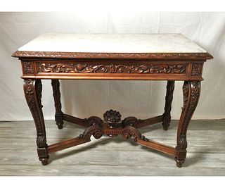 Heavily Carved Mahogany One-Drawer Marble-Top Console Table, circa 1900