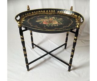 Floral Black Tole Tray Table