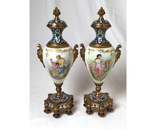 Pr Hand Painted Porcelain Champleve & Bronze Urns