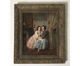 Original Oil on Canvas Interior Scene Two Young Women Sharing a Secret, Mid-1800